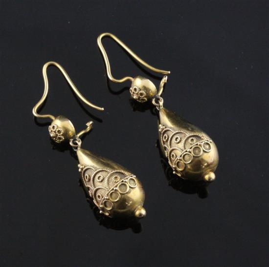 A pair of Victorian gold teardrop shaped drop earrings, 30mm.